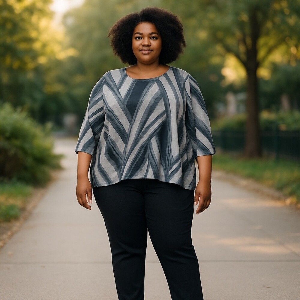 Simply Vera Wang Womens Geometric Stripe Top XL Gray 3/4 Sleeve Asymmetric Hem